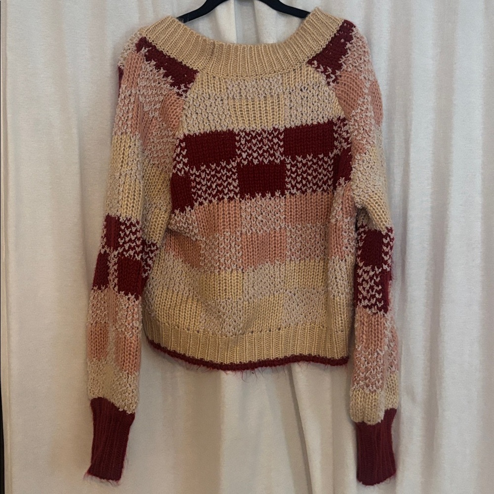 LUSH Cozy V-Neck Chunky Knit Cardigan Sweater in Cream, Pink & Burgundy- unworn - Picture 2 of 3
